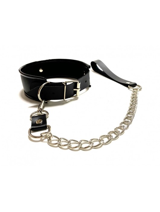 Черный ошейник с поводком из эко-кожи - БДСМ Арсенал - купить с доставкой во Владивостоке