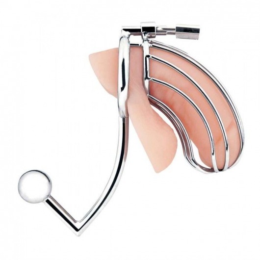 Серебристая металлическая клетка с анальным стимулятором Cock Cage - BlueLine - купить с доставкой во Владивостоке