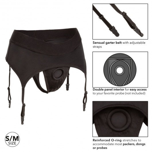 Черные трусики для страпона Thong with Garter размера S/M - California Exotic Novelties - купить с доставкой во Владивостоке