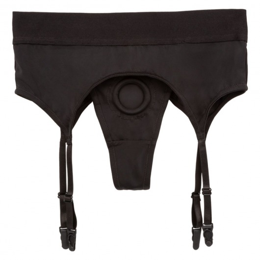 Черные трусики для страпона Thong with Garter размера S/M - California Exotic Novelties - купить с доставкой во Владивостоке