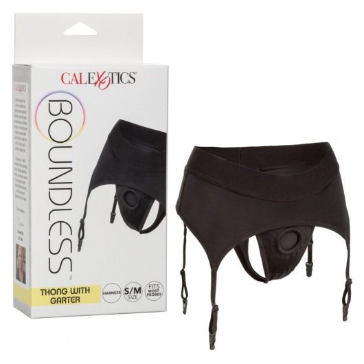 Черные трусики для страпона Thong with Garter размера S/M - California Exotic Novelties - купить с доставкой во Владивостоке