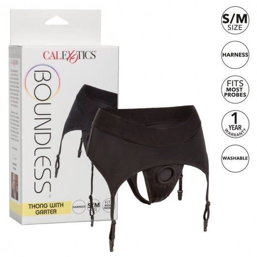 Черные трусики для страпона Thong with Garter размера S/M - California Exotic Novelties - купить с доставкой во Владивостоке
