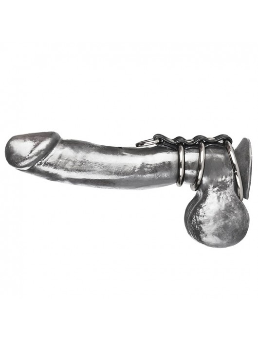 Хомут на пенис из трех металлических колец и кольца для привязи 3 RING GATES OF HELL - BlueLine - купить с доставкой во Владивостоке