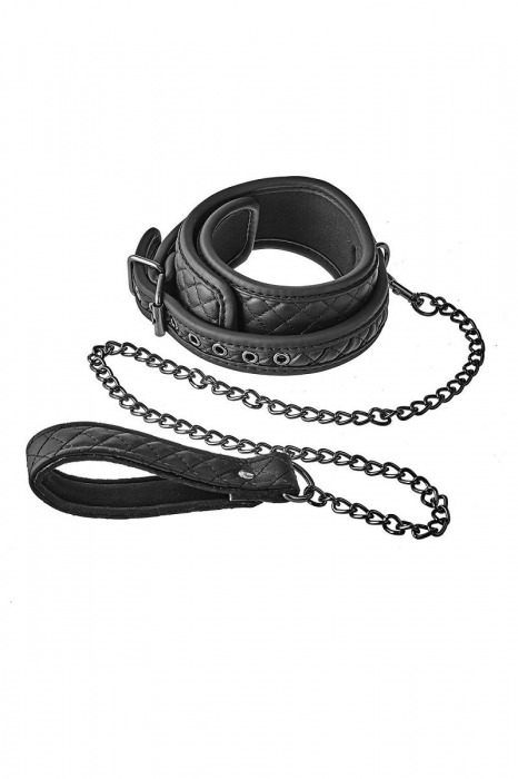 Черный ошейник с поводком COLLAR LEASH DIAMOND - Dream Toys - купить с доставкой во Владивостоке