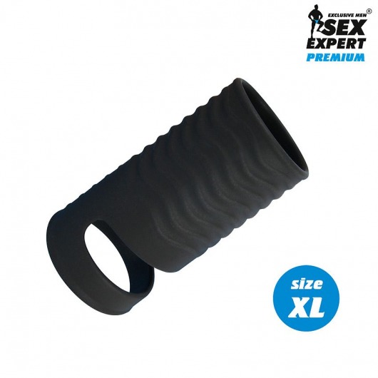 Черная открытая насадка на пенис с кольцом для мошонки XL-size - 8,9 см. - Sex Expert - во Владивостоке купить с доставкой