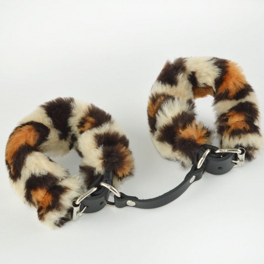 Черные кожаные наручники со съемной леопардовой опушкой - Sitabella - купить с доставкой во Владивостоке
