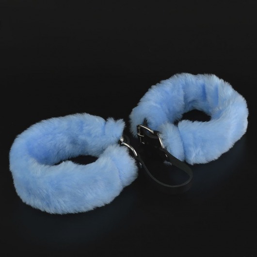 Черные кожаные оковы со съемной голубой опушкой - Sitabella - купить с доставкой во Владивостоке