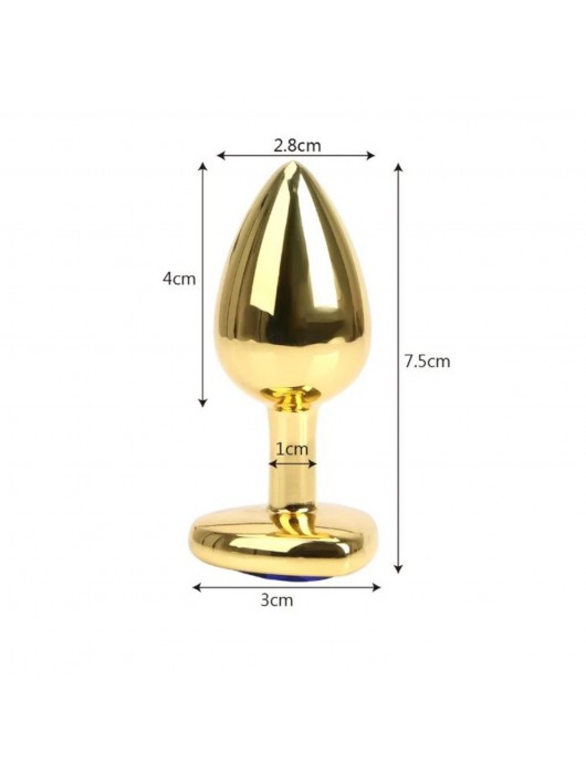 Золотистая анальная пробка с голубым кристаллом в форме сердца - 7 см. - Сима-Ленд