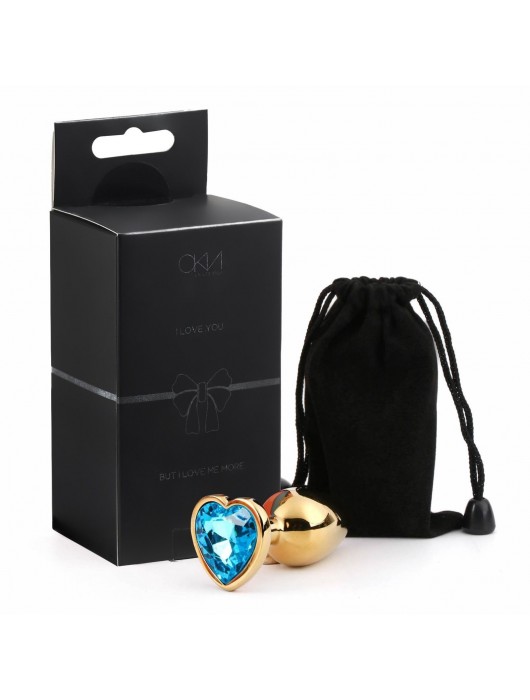 Золотистая анальная пробка с голубым кристаллом в форме сердца - 7 см. - Сима-Ленд