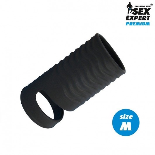 Черная открытая насадка на пенис с кольцом для мошонки size M - 7,9 см. - Sex Expert - во Владивостоке купить с доставкой