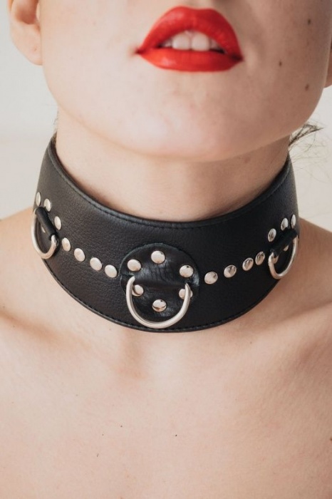 Чёрный кожаный ошейник с полукольцами и клёпками - БДСМ Арсенал - купить с доставкой во Владивостоке