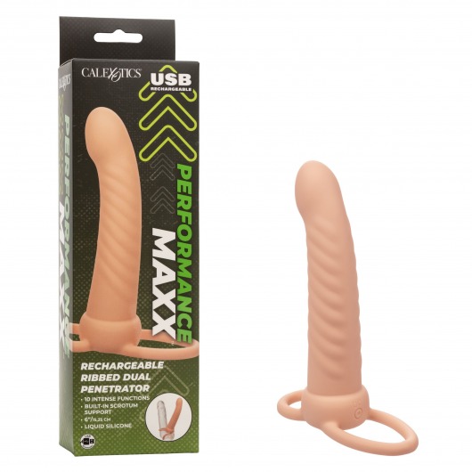 Телесная насадка для двойного проникновения Rechargeable Ribbed Dual Penetrator с вибрацией - California Exotic Novelties - купить с доставкой во Владивостоке