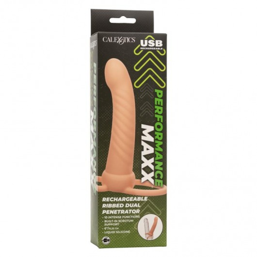Телесная насадка для двойного проникновения Rechargeable Ribbed Dual Penetrator с вибрацией - California Exotic Novelties - купить с доставкой во Владивостоке