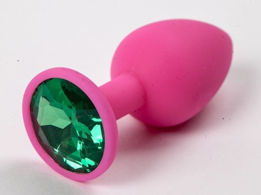 Розовая силиконовая пробка с зеленым кристаллом - 7,1 см. - 4sexdreaM - купить с доставкой во Владивостоке