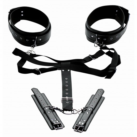 Черная бондажная система Acquire Easy Access Thigh Harness with Wrist Cuffs - XR Brands - купить с доставкой во Владивостоке