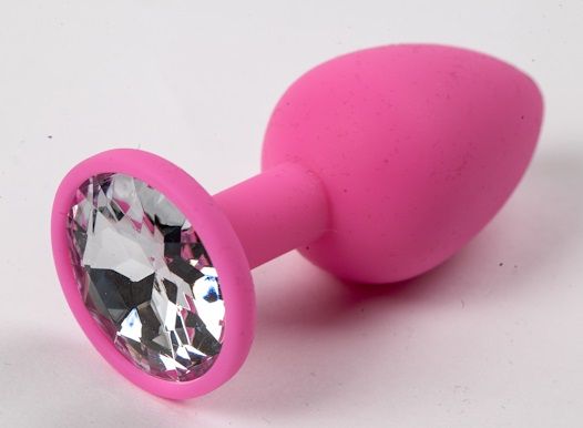Розовая силиконовая анальная пробка с прозрачным стразом - 7,1 см. - 4sexdreaM - купить с доставкой во Владивостоке