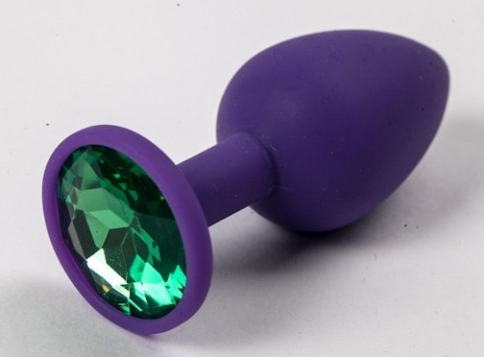 Фиолетовая силиконовая анальная пробка с зеленым стразом - 7,1 см. - 4sexdreaM - купить с доставкой во Владивостоке