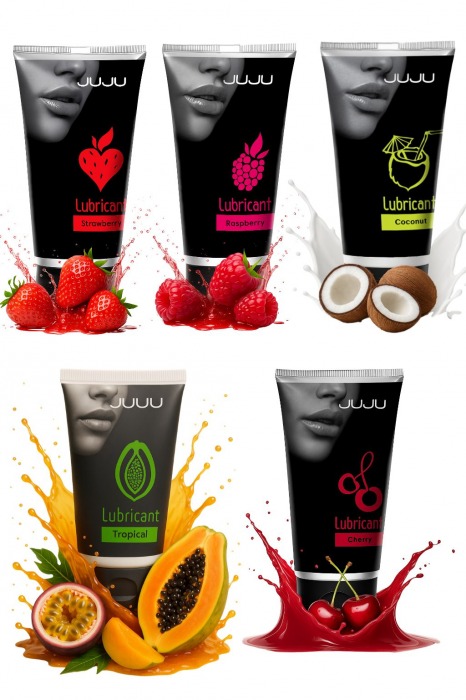 Набор из 5 съедобных лубрикантов JUJU (клубника, малина, тропические фрукты, вишня, кокос) - JuJu - купить с доставкой во Владивостоке