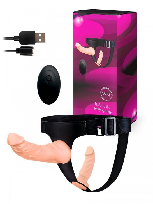 Женский страпон с 2 насадками, вибрацией и пультом ДУ - Erowoman-Eroman - купить с доставкой во Владивостоке