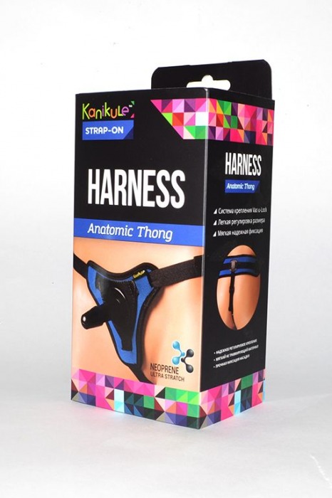 Сине-чёрные трусики с плугом Kanikule Strap-on Harness Anatomic Thong - Kanikule - купить с доставкой во Владивостоке