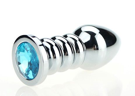 Серебристая фигурная анальная пробка с голубым кристаллом - 10,3 см. - 4sexdreaM - купить с доставкой во Владивостоке