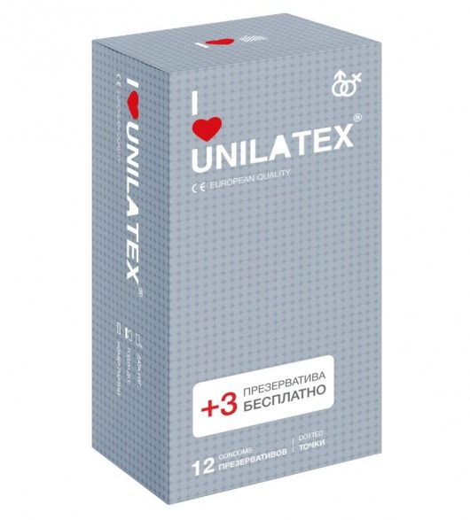 Презервативы с точками Unilatex Dotted - 12 шт. + 3 шт. в подарок - Unilatex - купить с доставкой во Владивостоке