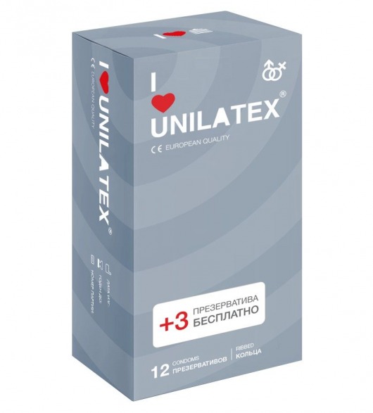 Презервативы с рёбрами Unilatex Ribbed - 12 шт. + 3 шт. в подарок - Unilatex - купить с доставкой во Владивостоке