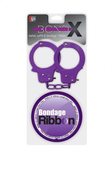 Набор для фиксации BONDX METAL CUFFS AND RIBBON: фиолетовые наручники из листового материала и липкая лента - Dream Toys - купить с доставкой во Владивостоке