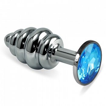 Серебристая фигурная анальная пробка с голубым кристаллом - 8,5 см. - 4sexdreaM - купить с доставкой во Владивостоке