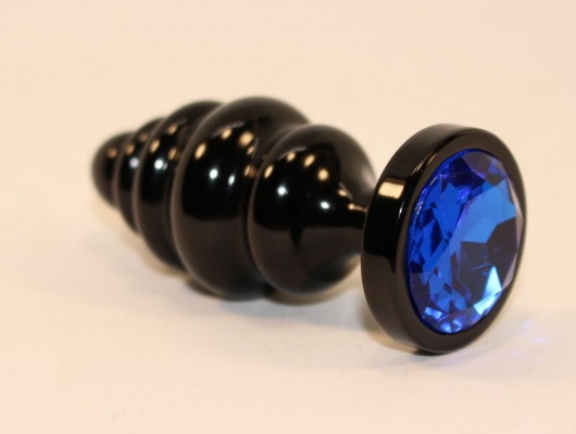 Черная фигурная анальная пробка с синим кристаллом - 8,2 см. - 4sexdreaM - купить с доставкой во Владивостоке
